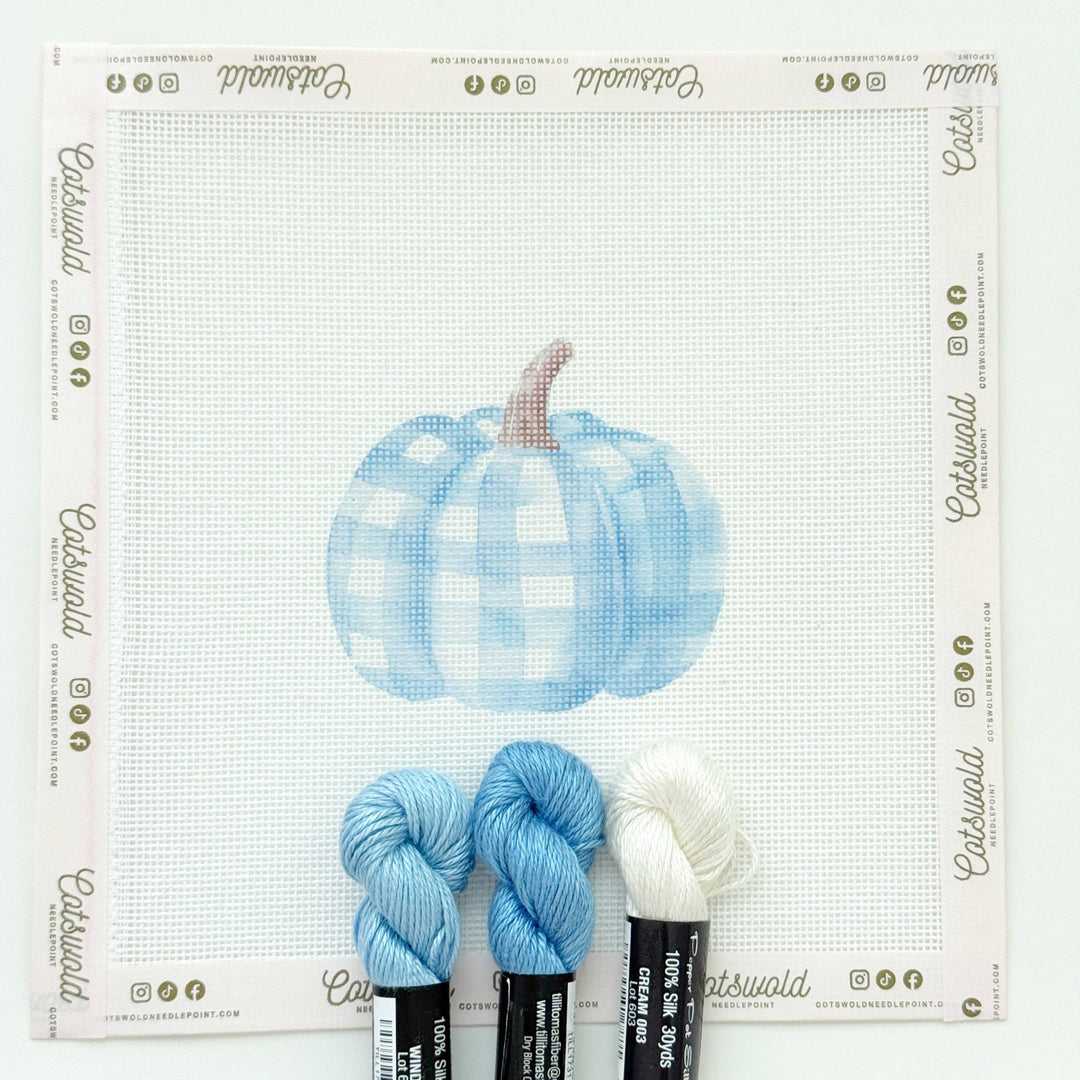 Cotswold Co Designs - Plaid Blue Pumpkin Fall Needlepoint Canvas, 18 Mesh, Artisan Printed Needlepoint, 3.5x3.5 Design - Pisgah Needleworks