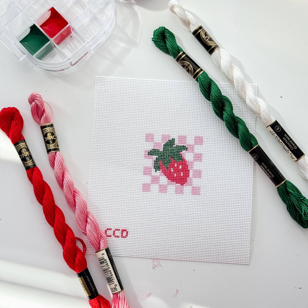Cotswold Co Designs Strawberry Checkered Needlepoint Canvas – 2” Hand - Painted on 18 Mesh - Pisgah Needleworks