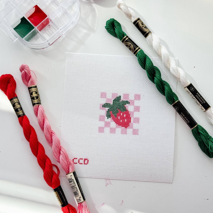 Cotswold Co Designs Strawberry Checkered Needlepoint Canvas – 2” Hand - Painted on 18 Mesh - Pisgah Needleworks