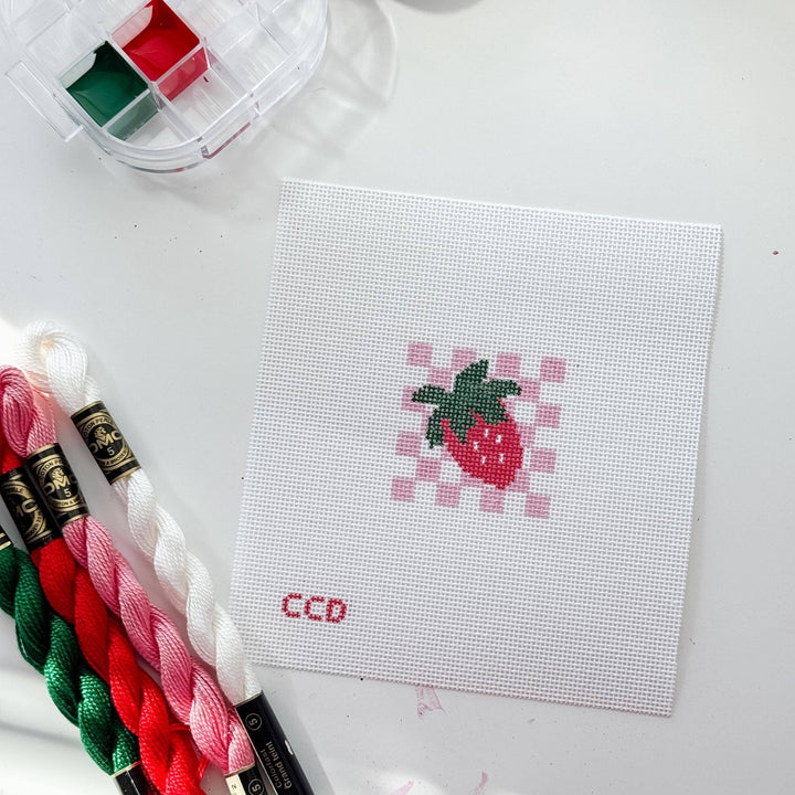 Cotswold Co Designs Strawberry Checkered Needlepoint Canvas – 2” Hand - Painted on 18 Mesh - Pisgah Needleworks