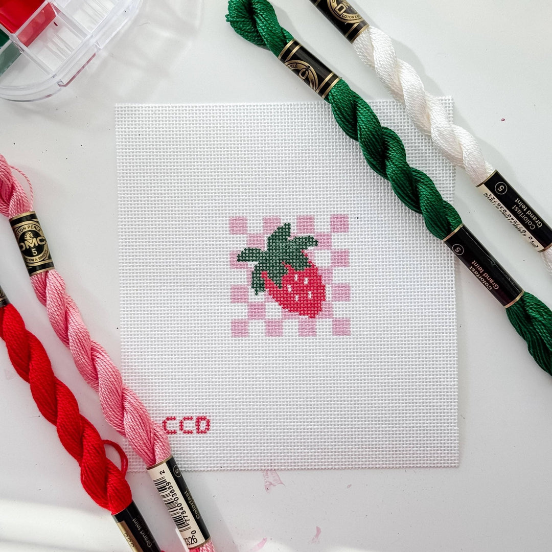 Cotswold Co Designs Strawberry Checkered Needlepoint Canvas – 2” Hand - Painted on 18 Mesh - Pisgah Needleworks