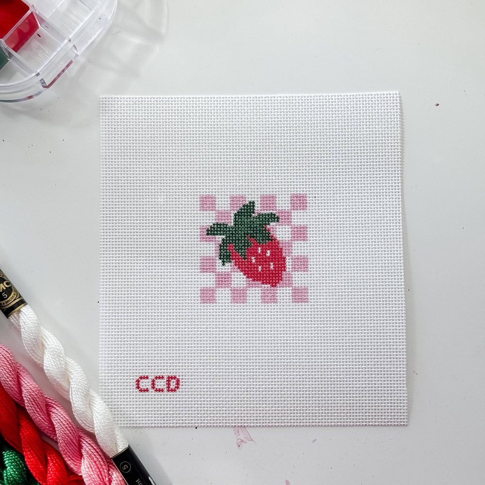 Cotswold Co Designs Strawberry Checkered Needlepoint Canvas – 2” Hand - Painted on 18 Mesh - Pisgah Needleworks