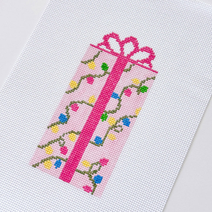 Cotswold Co Designs - Pink Present Christmas Needlepoint Canvas 18 Mesh 2.5”x5” Design, Bow Christmas Needlepoint Ornament, Modern Needlepoint - Pisgah Needleworks