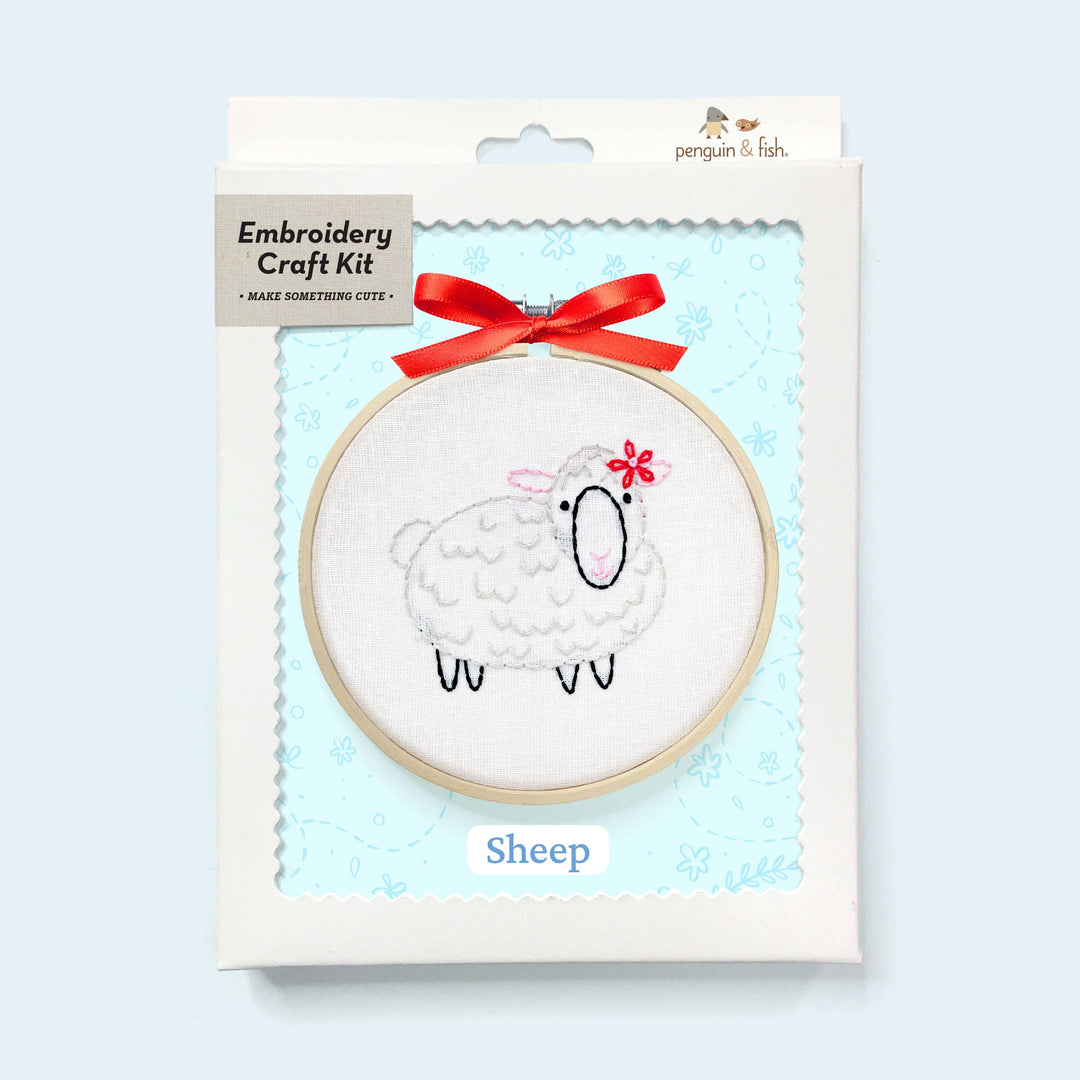Penguin & Fish – Sheep Embroidery Kit | 4" Beginner Farm Animal Embroidery Kit