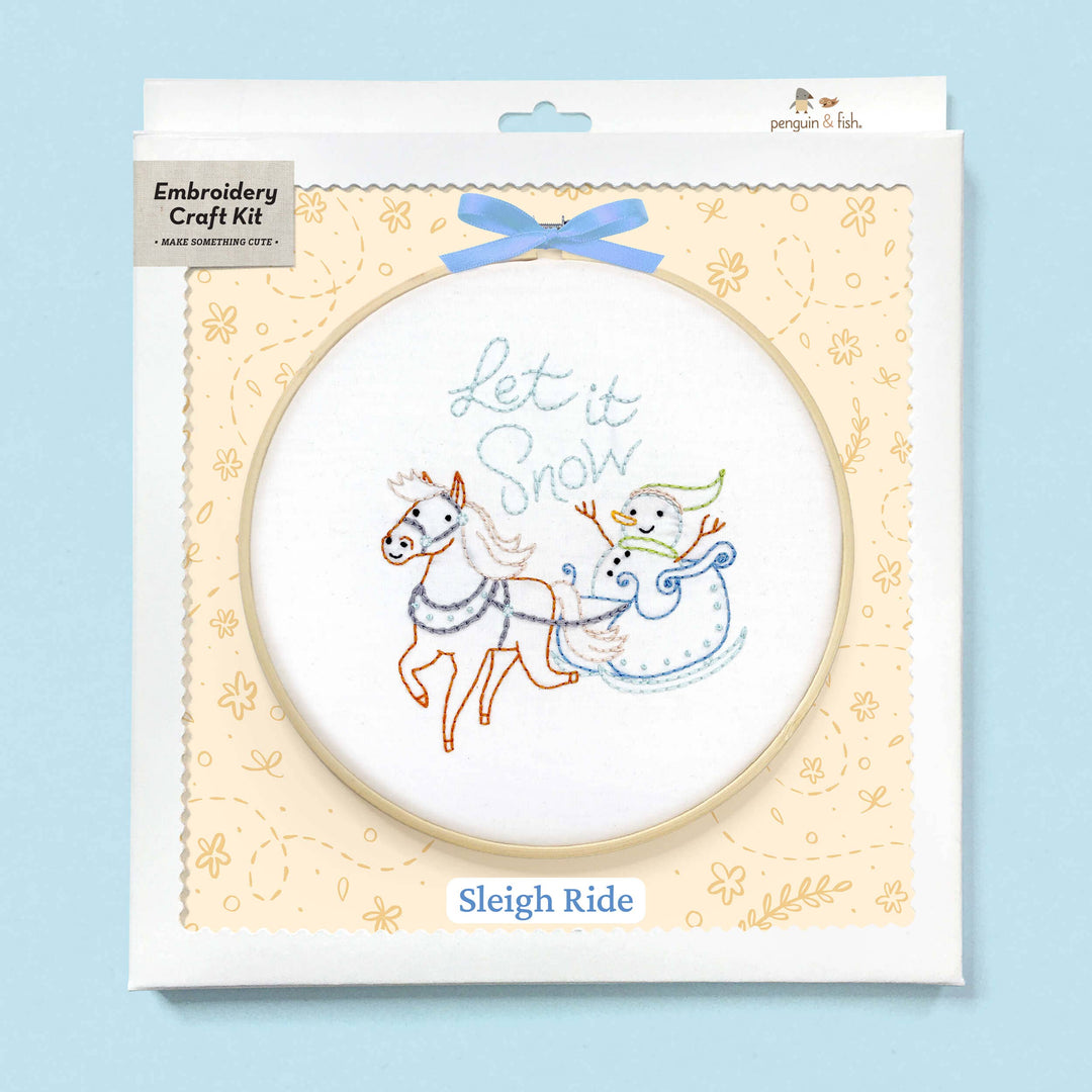 Penguin & Fish – Sleigh Ride Embroidery Kit | 8" Beginner Winter Embroidery Kit