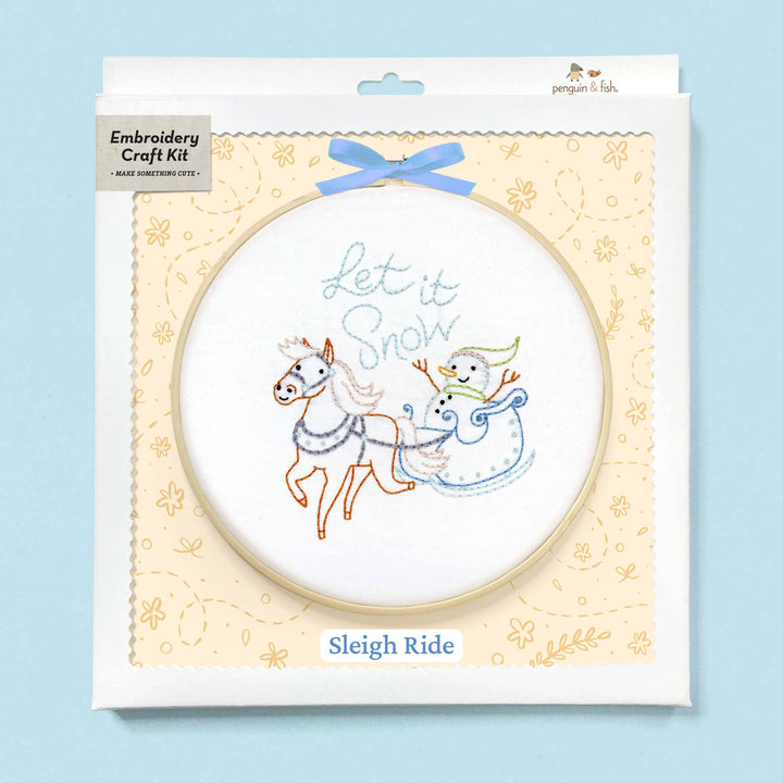 Penguin & Fish – Sleigh Ride Embroidery Kit | 8" Beginner Winter Embroidery Kit