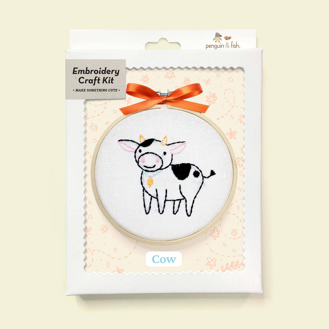 Penguin & Fish – Cow Embroidery Kit | 4" Beginner Farm Animal Embroidery Kit