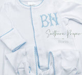 Southern Proper Blanks - Footies - Picot Trim: White w/Blue / 0-3 - Pisgah Needleworks