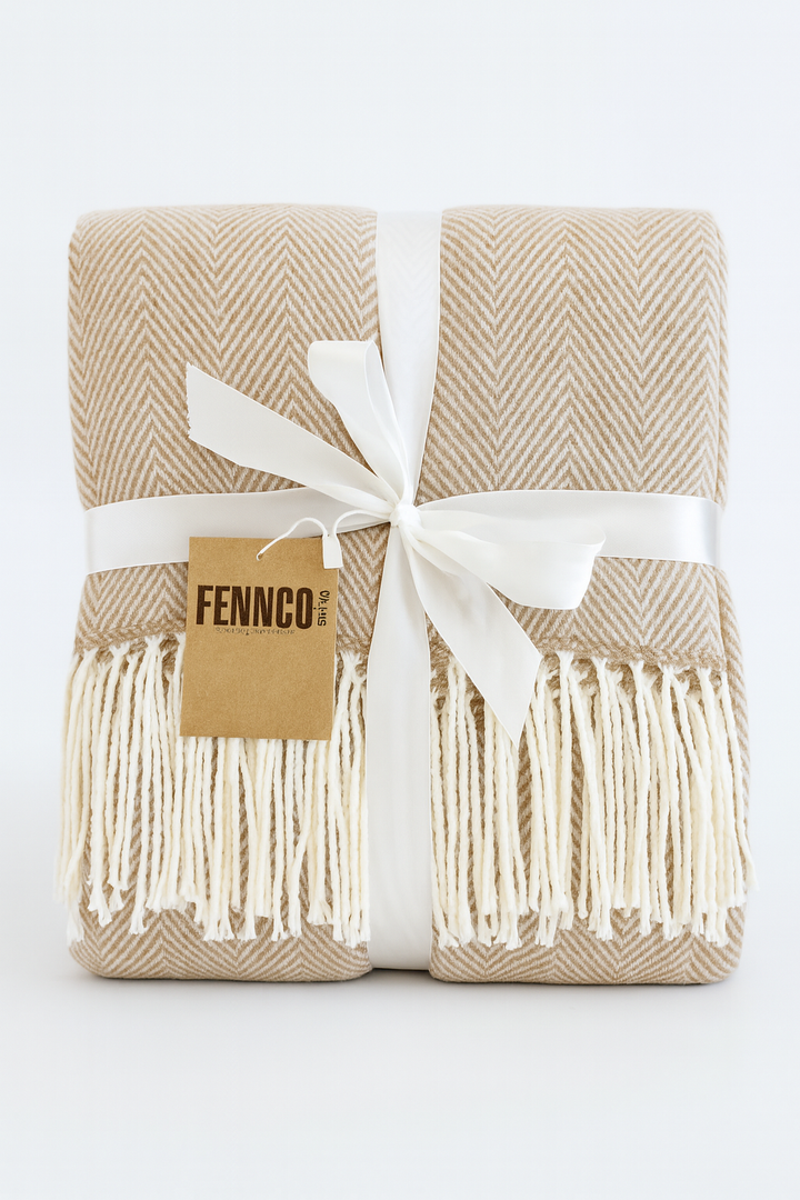 Fennco Styles - Herringbone Throw Blanket with Fringe: Camel - Pisgah Needleworks