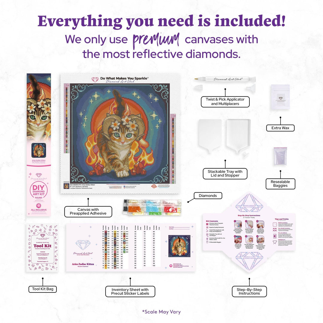 Diamond Art Club Aries Zodiac Kitten Round Diamond Painting Kit - Pisgah Needleworks