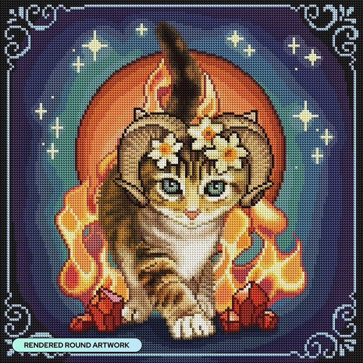 Diamond Art Club Aries Zodiac Kitten Round Diamond Painting Kit - Pisgah Needleworks