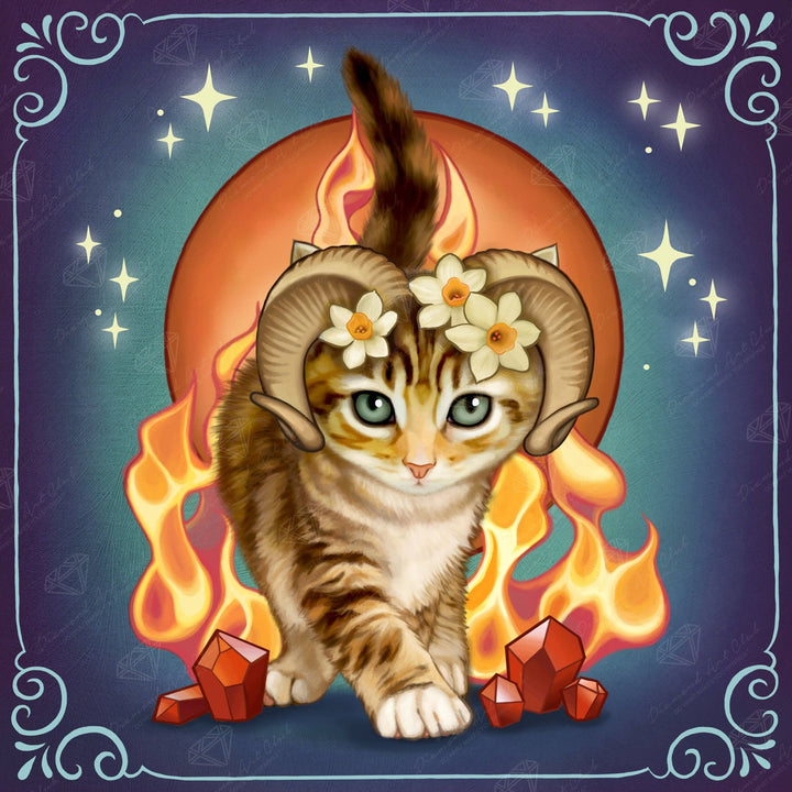 Diamond Art Club Aries Zodiac Kitten Round Diamond Painting Kit - Pisgah Needleworks