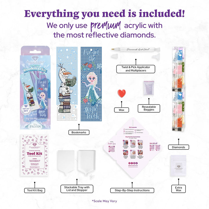 Diamond Art Club - Bookmarks – Winter Magic with Elsa & Olaf (Set of 2): Round with 14 Colors including 2 ABs and 2 Iridescent Diamonds and 6 Fairy Dust Diamonds / 1,000 / 2" x 7" (5cm x 17.8cm) - Pisgah Needleworks