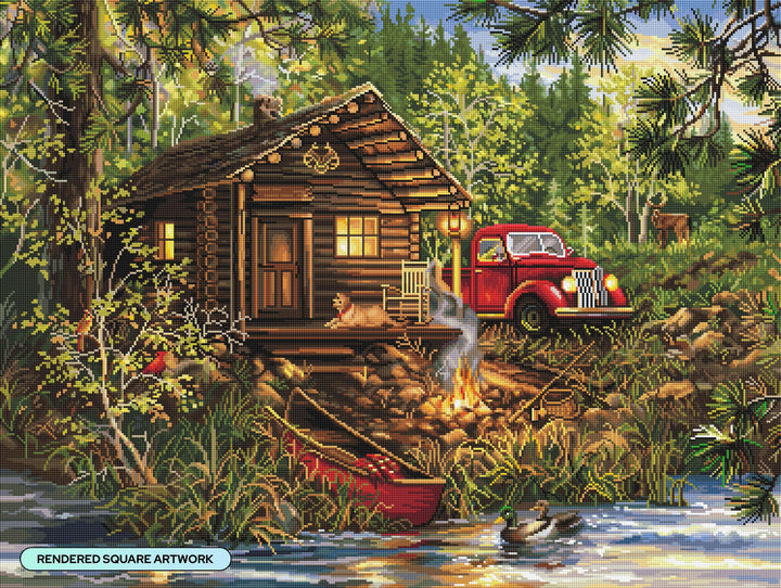 Log cabin with a red truck by a campfire near a lake in a forest setting