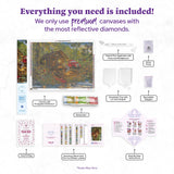 Diamond painting kit with all included items displayed on a white background