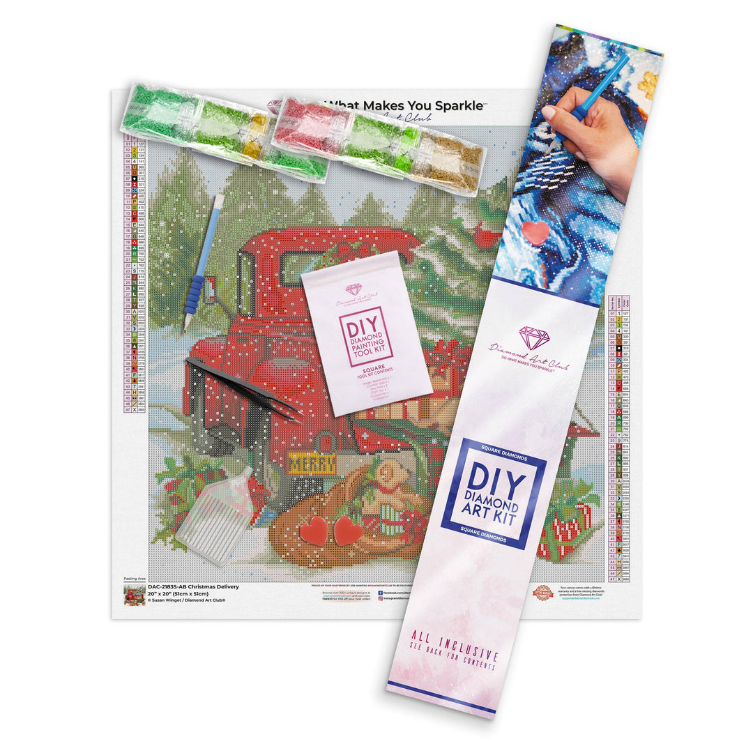 DIY diamond art kit with a red truck design and tools on a white background