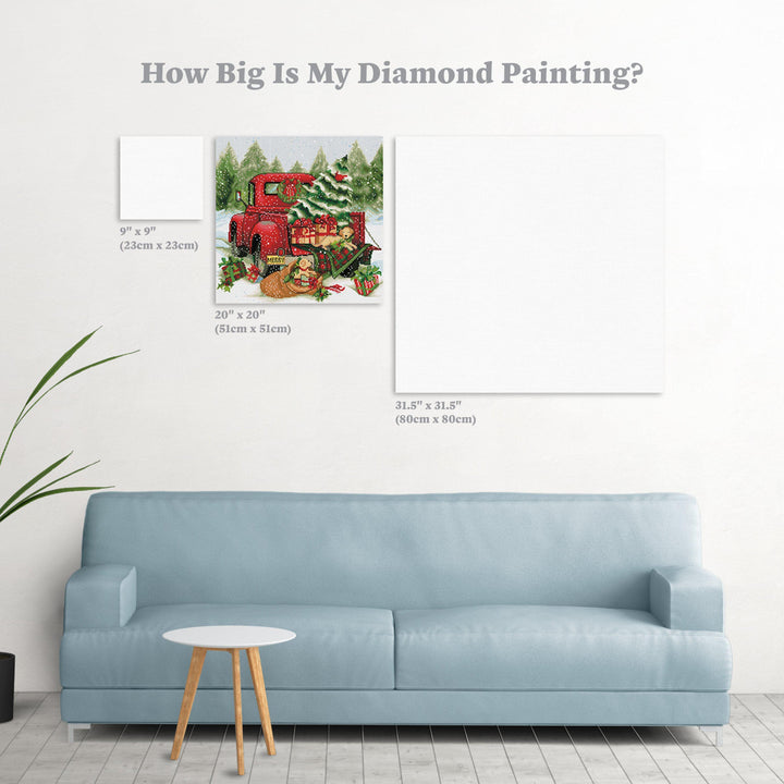 Diamond painting with size comparison to a blue sofa and table