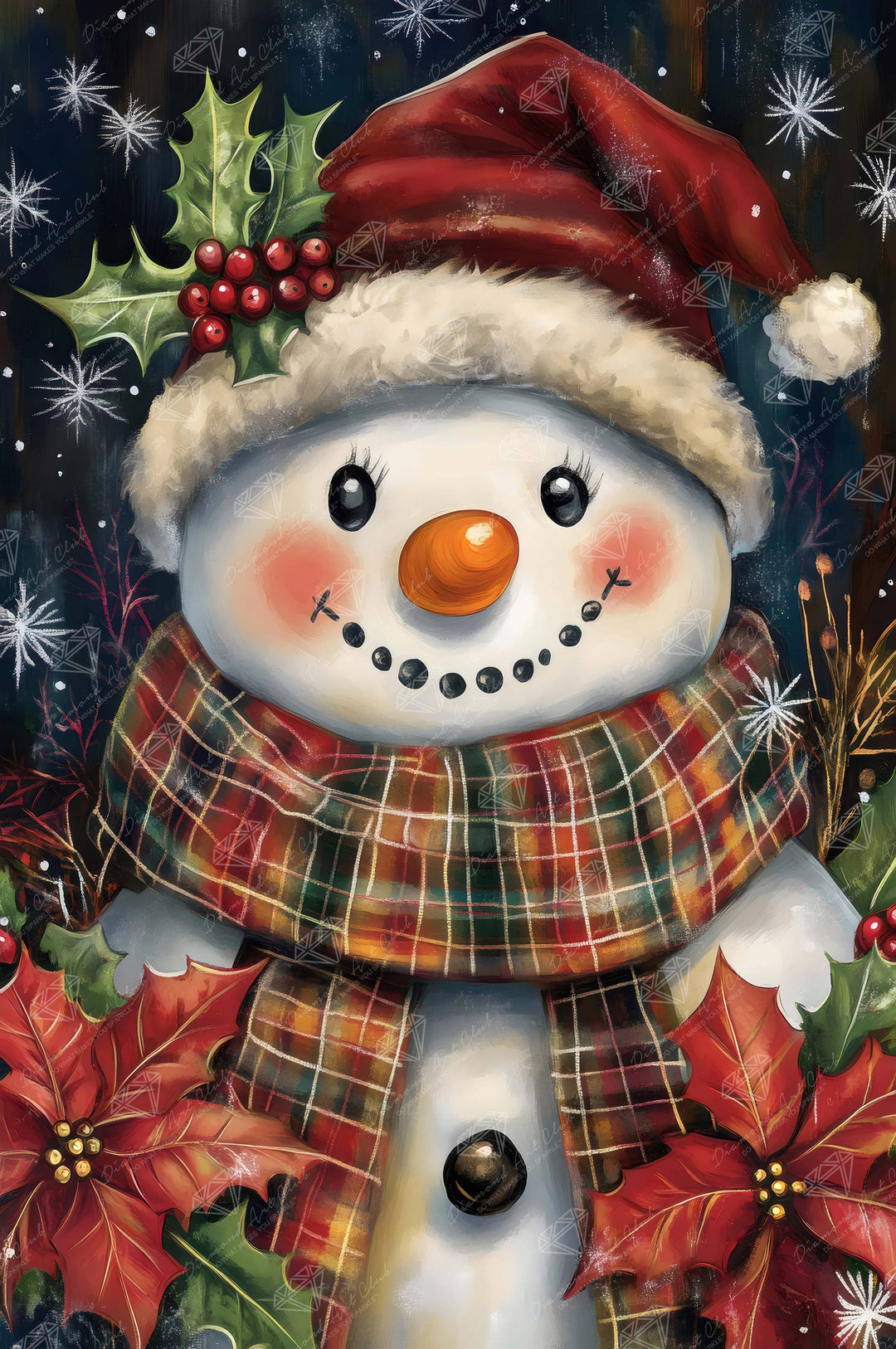 Illustration of a snowman wearing a Santa hat and plaid scarf with Christmas elements.