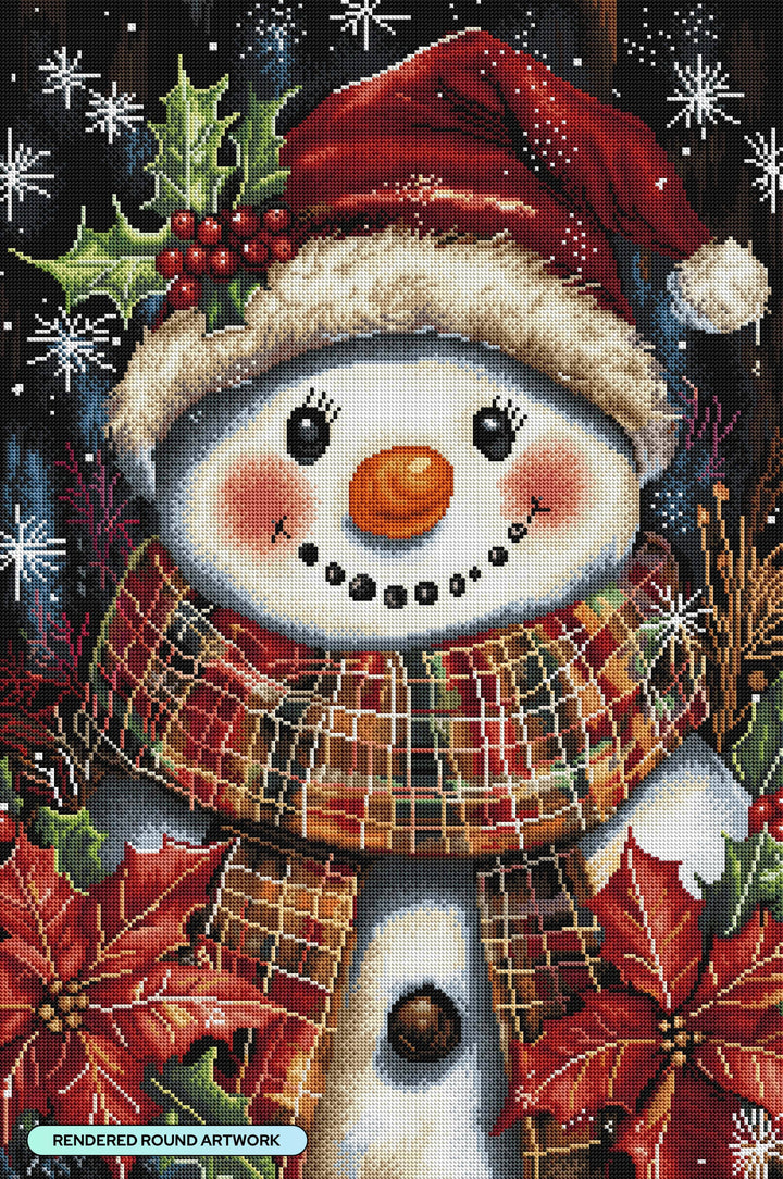Decorative image of a snowman with a red hat and plaid scarf, surrounded by holly and poinsettias.
