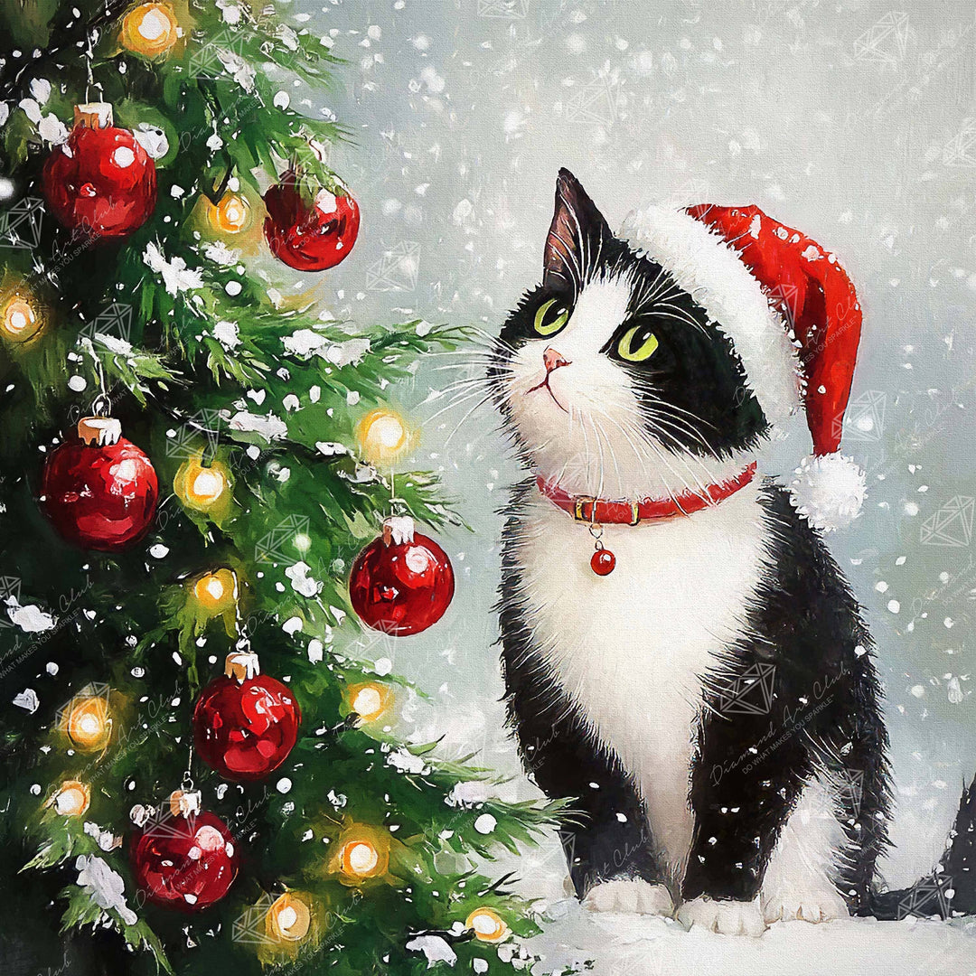 Cat wearing a Santa hat sitting next to a decorated Christmas tree with snow falling.