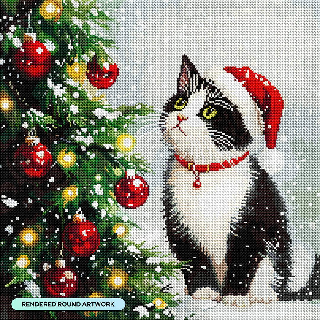 Cat wearing a Santa hat next to a decorated Christmas tree with ornaments and lights.