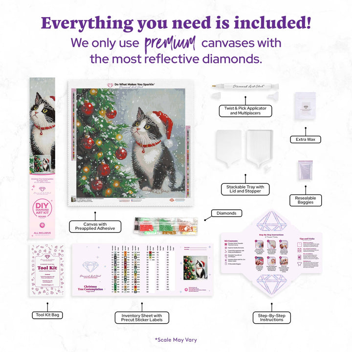 Product kit with Christmas-themed diamond painting set and promotional text about premium materials.