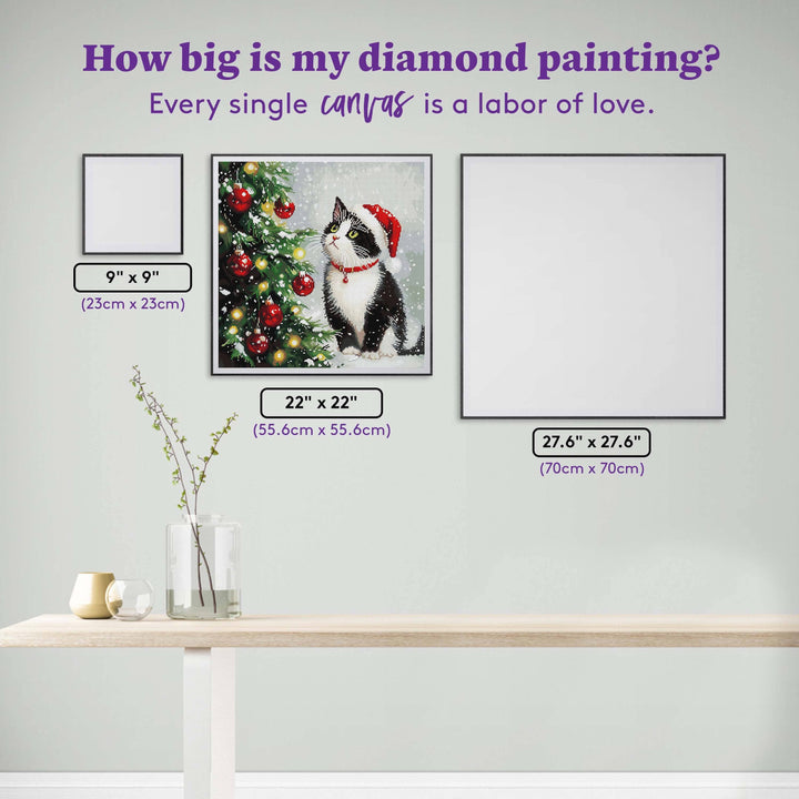Comparison of different diamond painting canvas sizes with a cat and Christmas tree design.