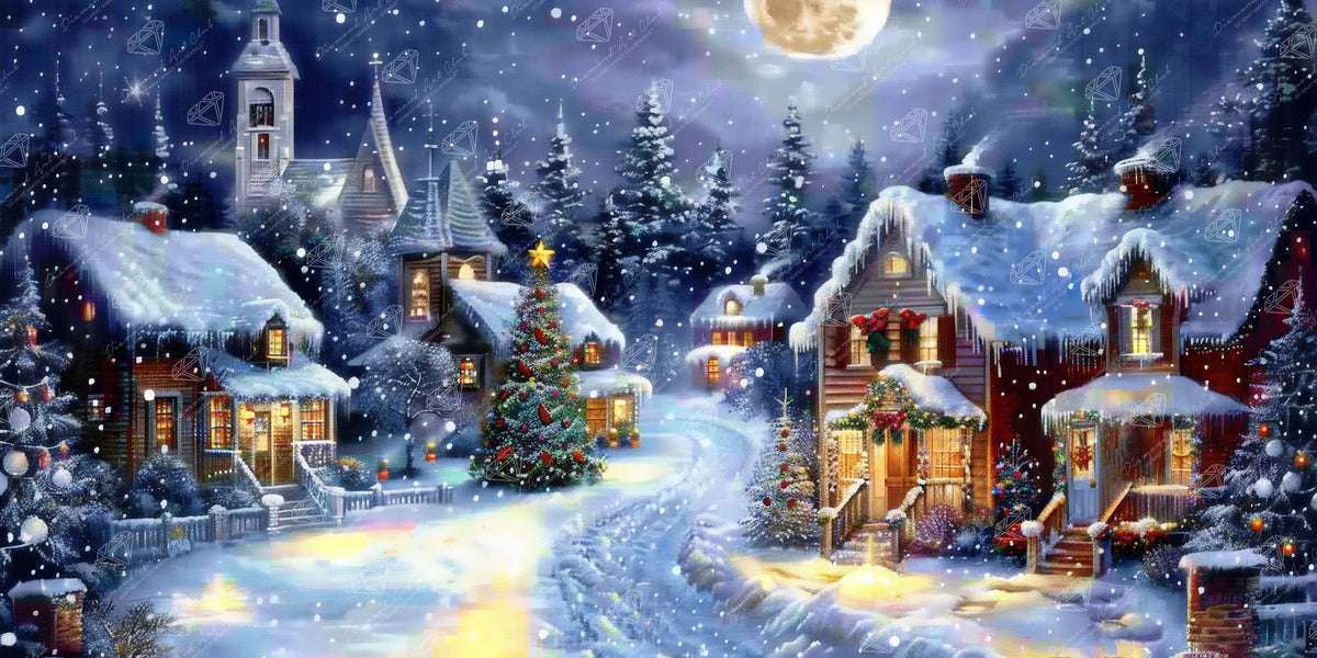 Winter village scene with snow-covered houses and trees under a full moon.