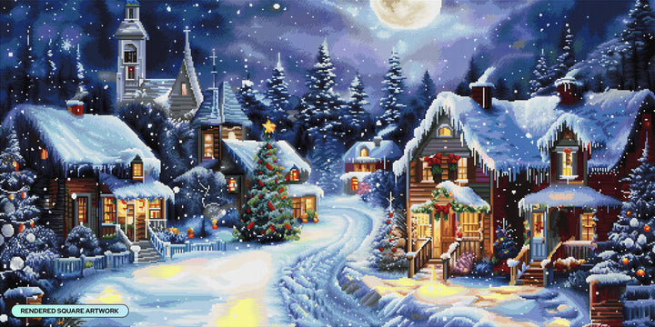 Winter village scene with snow-covered houses and trees under a full moon.