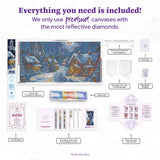 Diamond painting kit with all components labeled on a white background