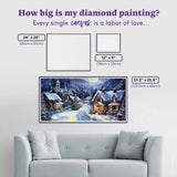 Diamond painting with size comparison to a 24x20 canvas and a 12x9 canvas, displayed on a wall above a sofa.
