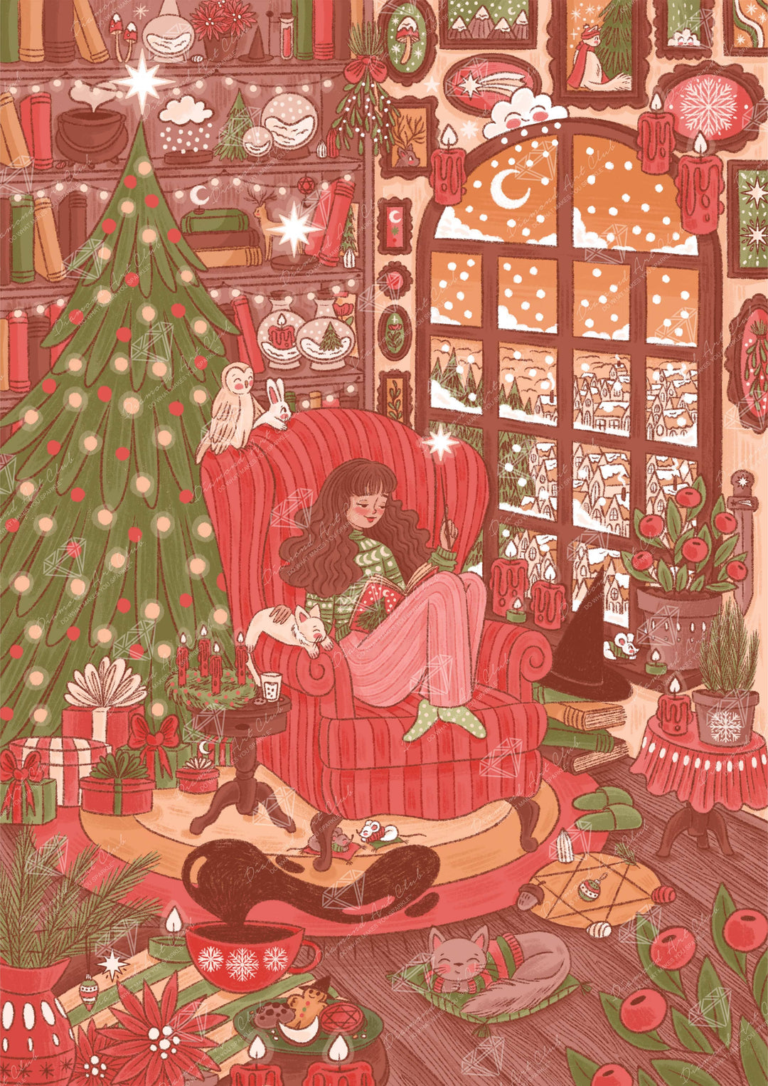 Illustration of a cozy living room with a woman, dog, and Christmas tree.