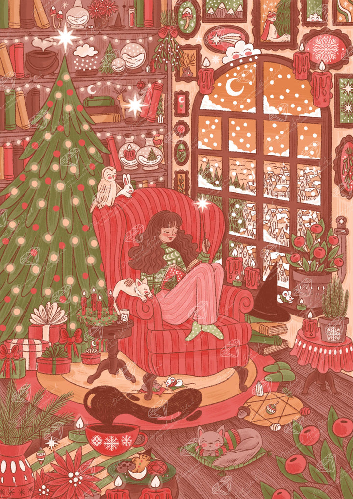 Illustration of a cozy living room with a woman, dog, and Christmas tree.
