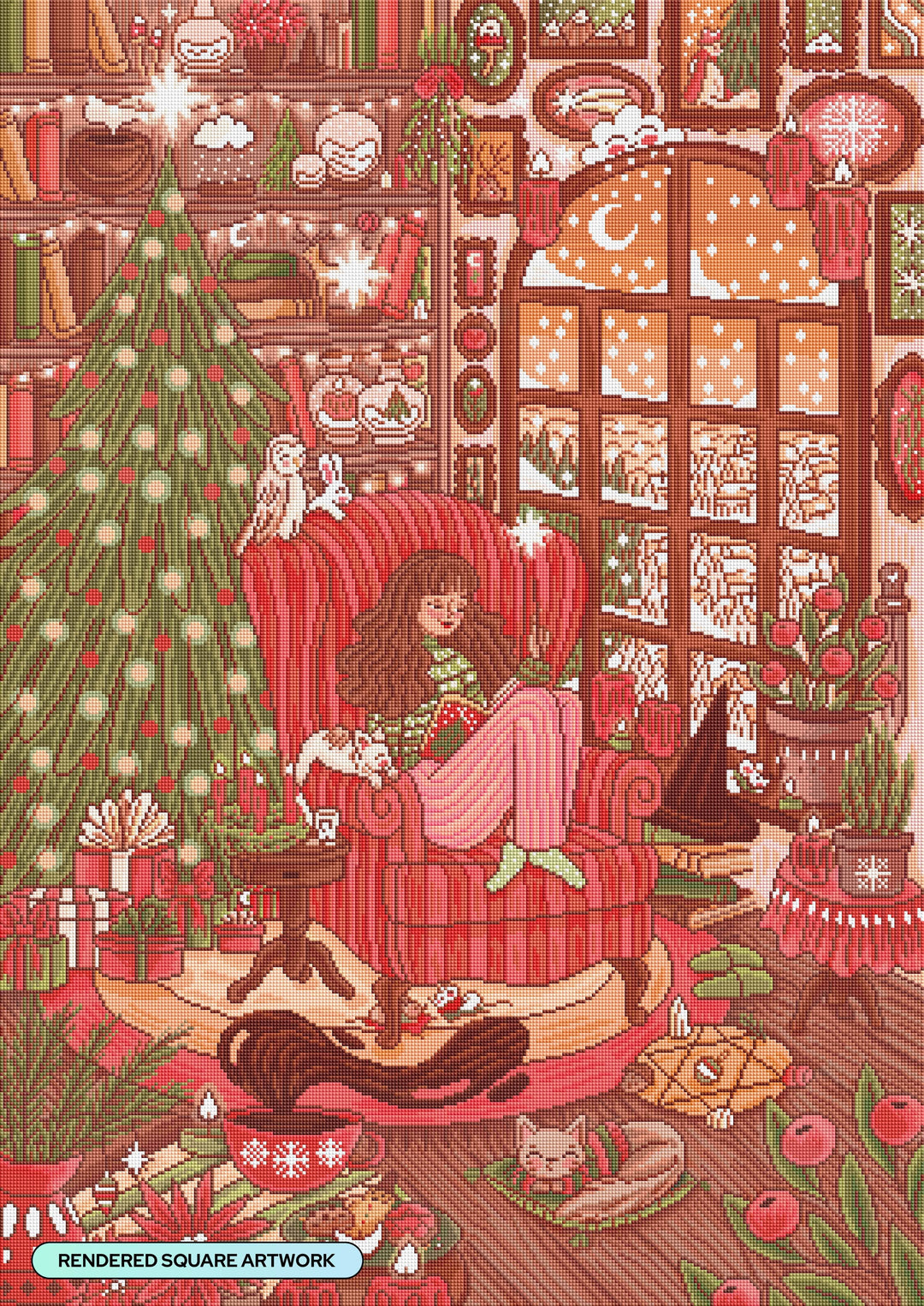 Illustration of a cozy Christmas scene with a person in a red armchair, decorated room, and Christmas tree.