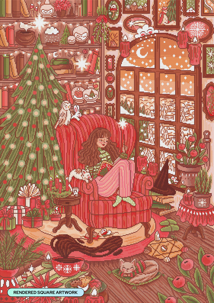 Illustration of a cozy Christmas scene with a person in a red armchair, decorated room, and Christmas tree.