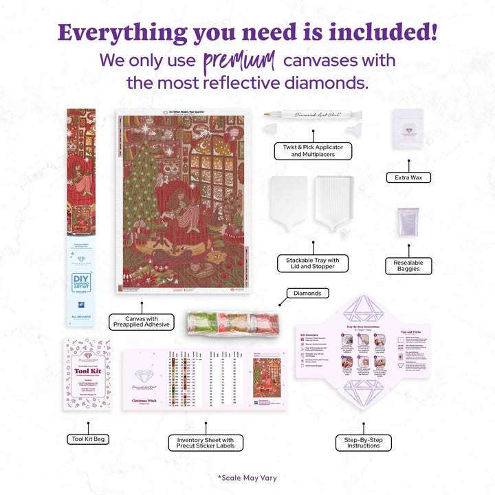 Diamond painting kit with labeled components on a white background