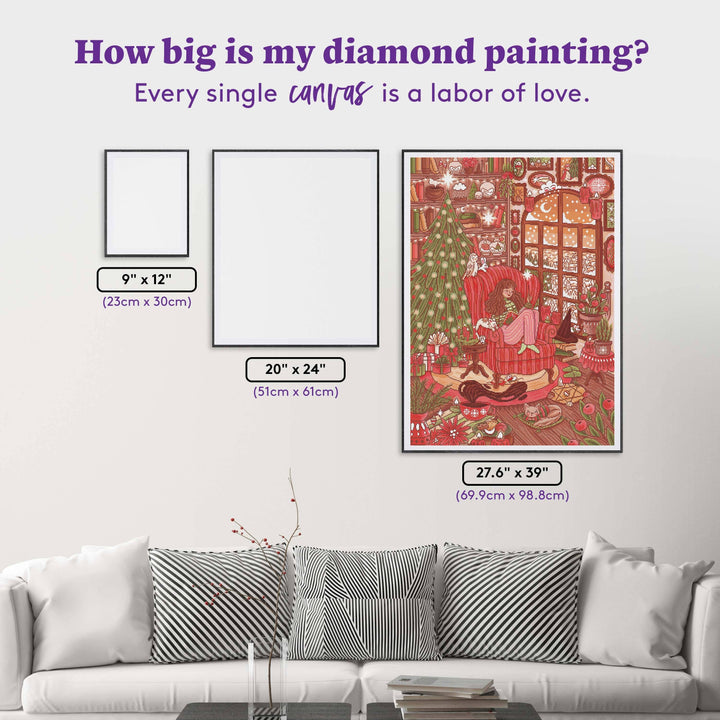 Diamond painting with size measurements on a wall above a sofa
