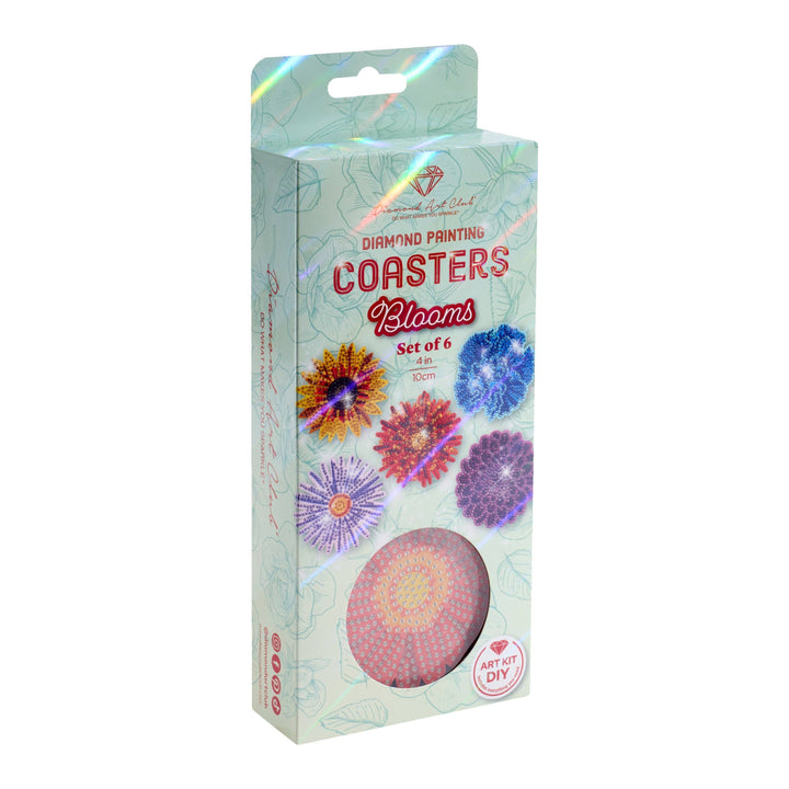 Packaging of diamond painting coasters with colorful designs on a white background