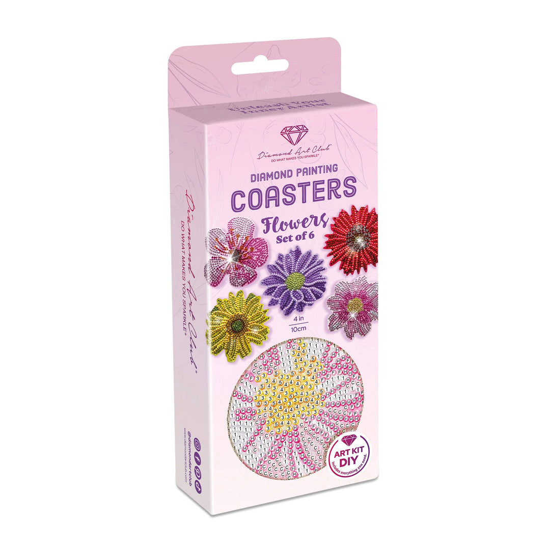 Box of diamond painting coasters with floral designs on a white background