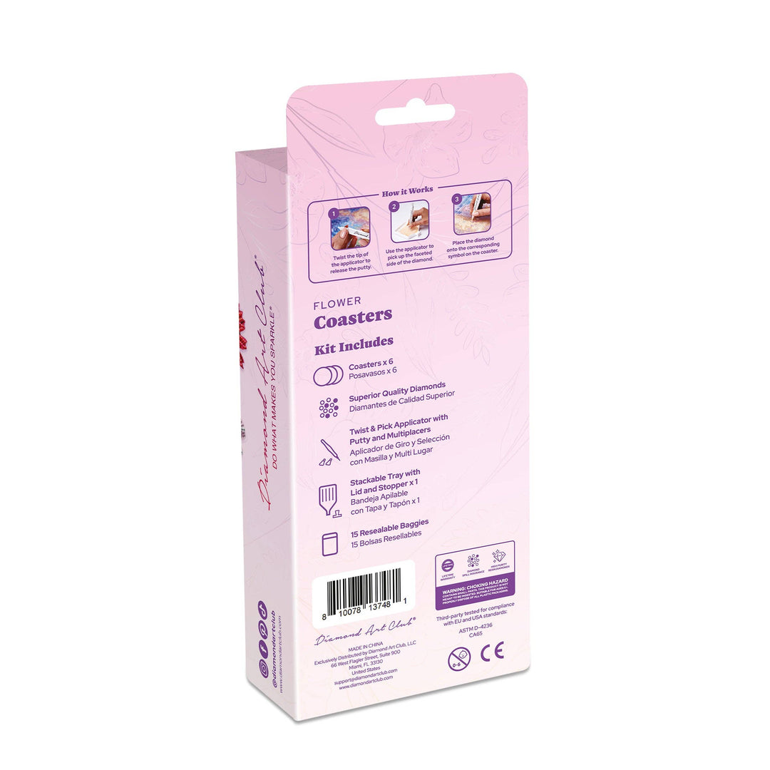 Pink packaging box for flower coasters with text and images on a white background