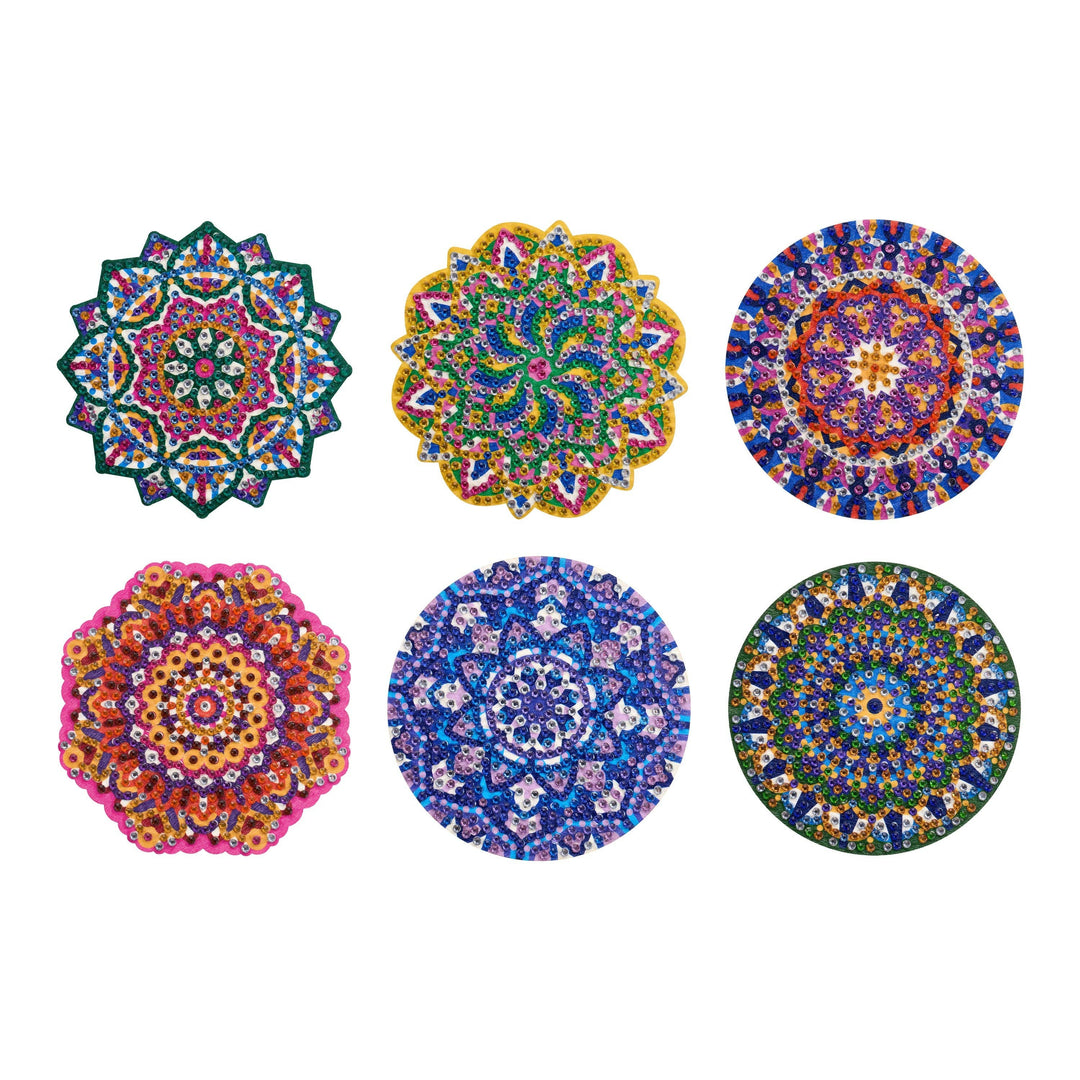 Set of six colorful mandala coasters on a white background