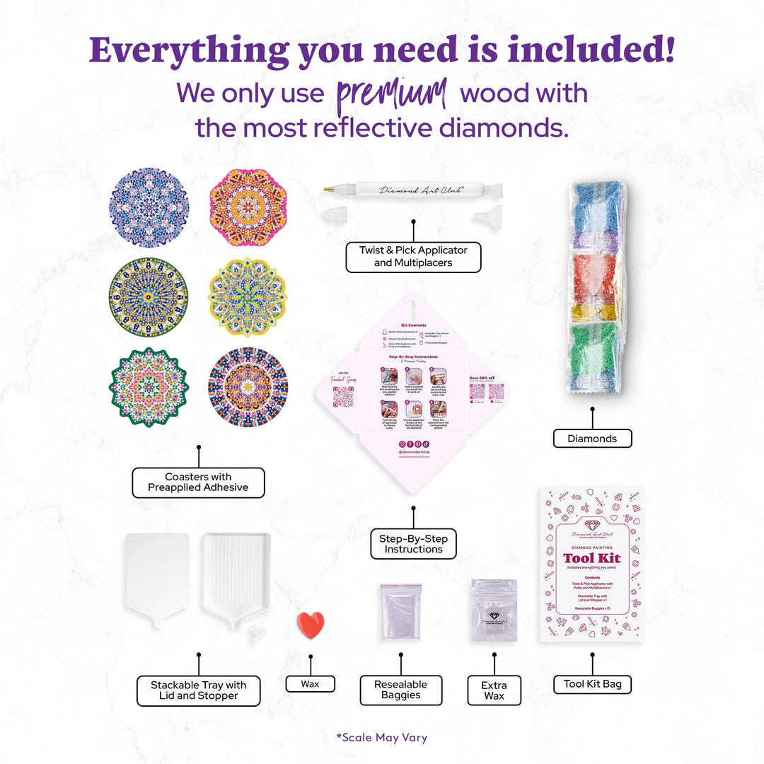 List of items included in a diamond tool kit with descriptions on a white background.