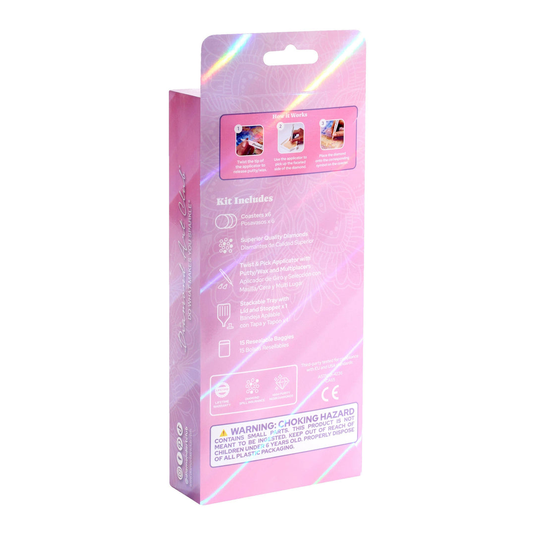 Pink packaging box with text and icons on a white background