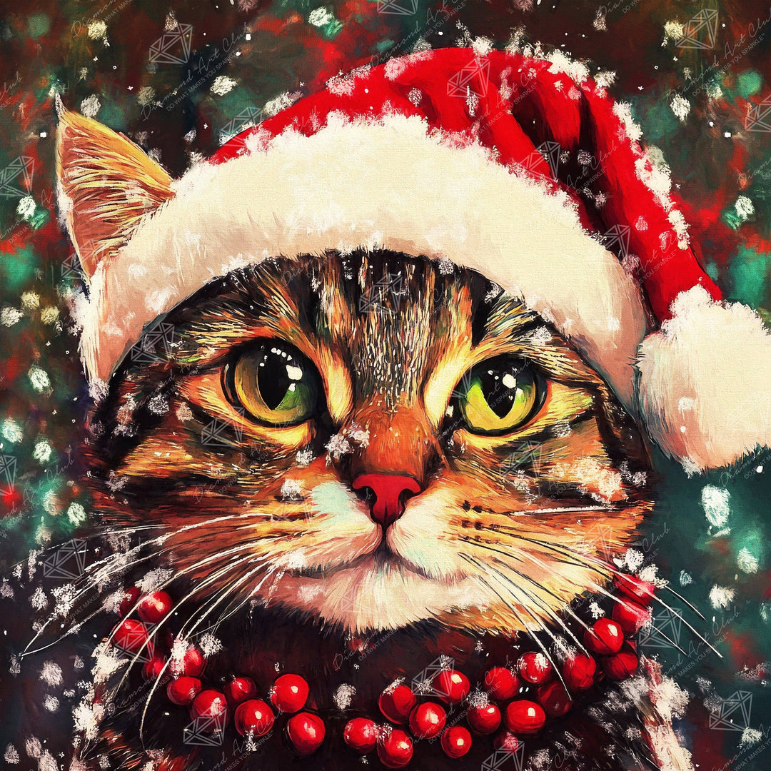Cat wearing a Santa hat and red berries with a festive background