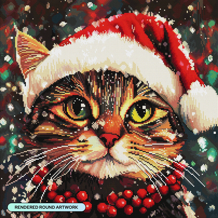 Cat wearing a Santa hat with a Christmas-themed background