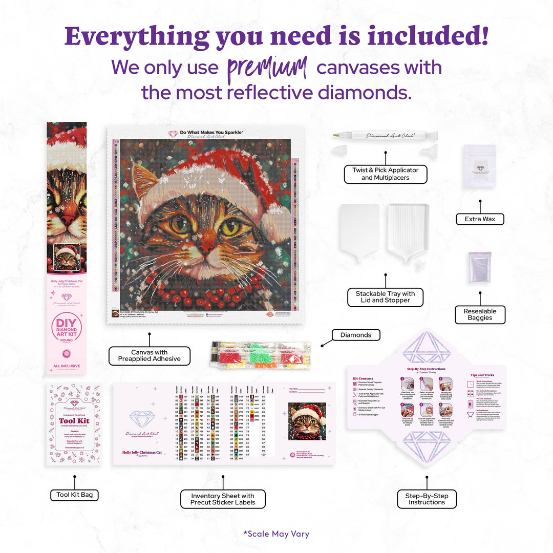 Product bundle with diamond painting kit components and a cat in a Santa hat on a white background.