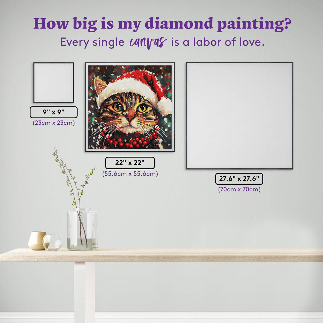 Diamond painting with a cat wearing a Santa hat, surrounded by size measurements on a white background.