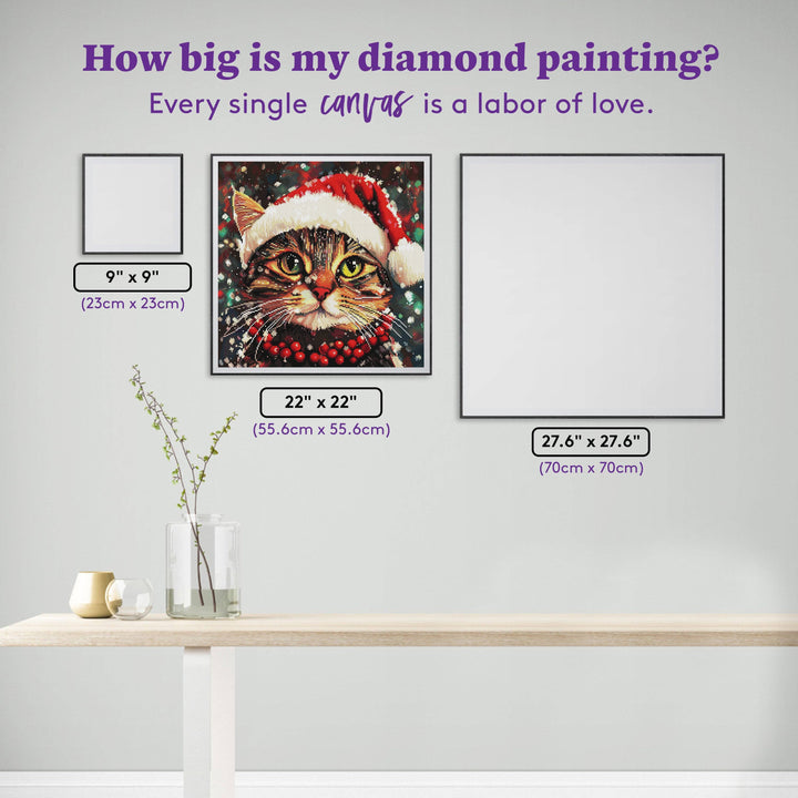 Diamond painting with a cat wearing a Santa hat, surrounded by size measurements on a white background.