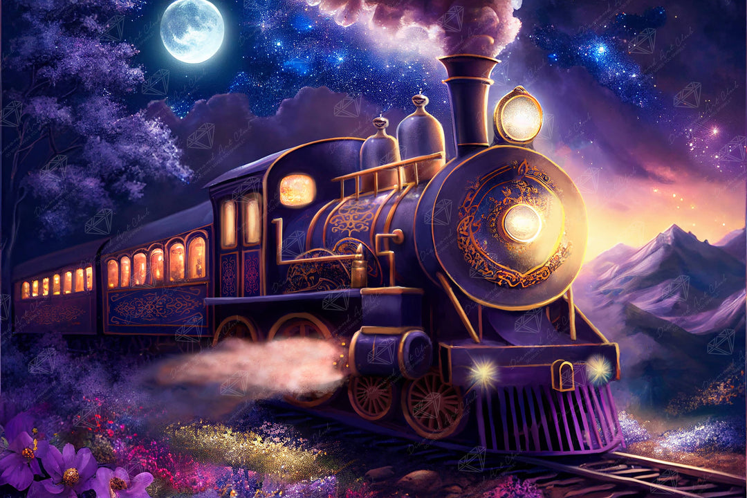 Fantasy train scene with a moonlit sky and mountains