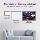 Diamond painting size comparison chart with a couch and framed artwork.